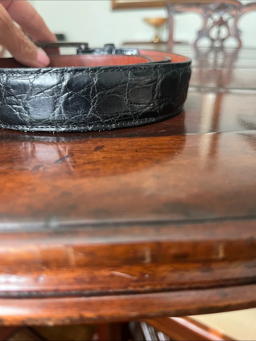 Men's Black Croc-Texture Leather Belt with Brown Interior